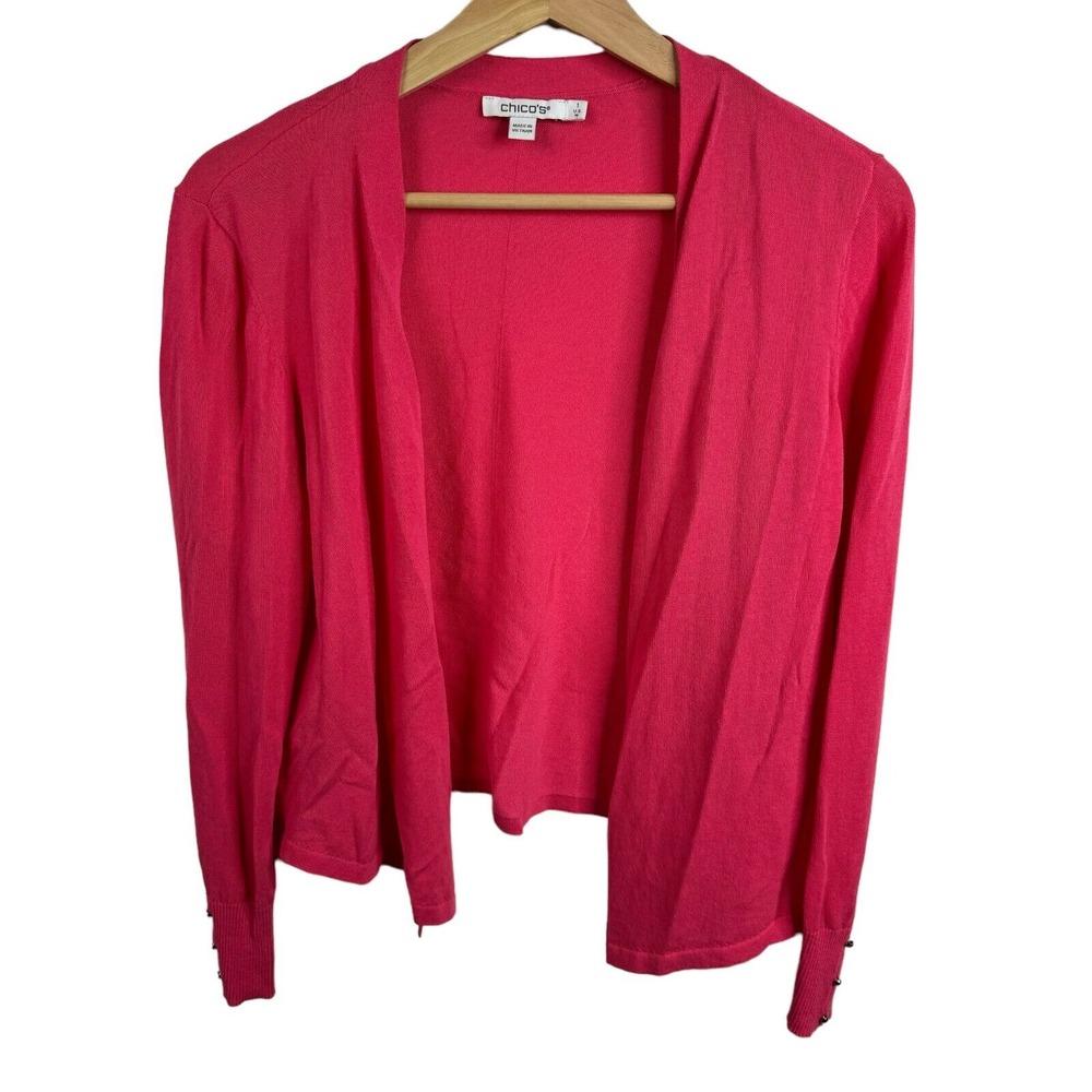 Chico's Women's Cardigan Sweater Pink Cotton Blend Open Front Sz 1 Casual